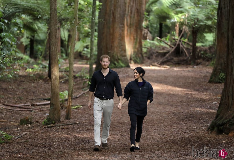 El Príncipe Harry y Meghan Markle paseando por el bosque en Nueva Zelanda