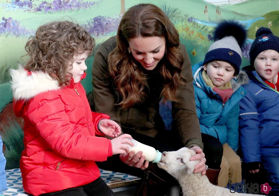 Kate Middleton da el biberón a una oveja en una granja en Irlanda del Norte