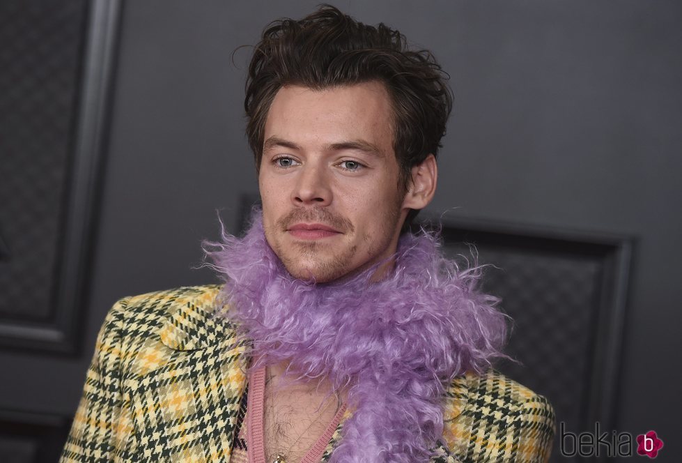 Harry Styles posando durante la alfombra roja de los premios Grammy 2021