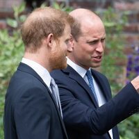 Los Príncipes Guillermo y Harry hablando en la inauguración de la estatua de Lady Di en Kensington Palace