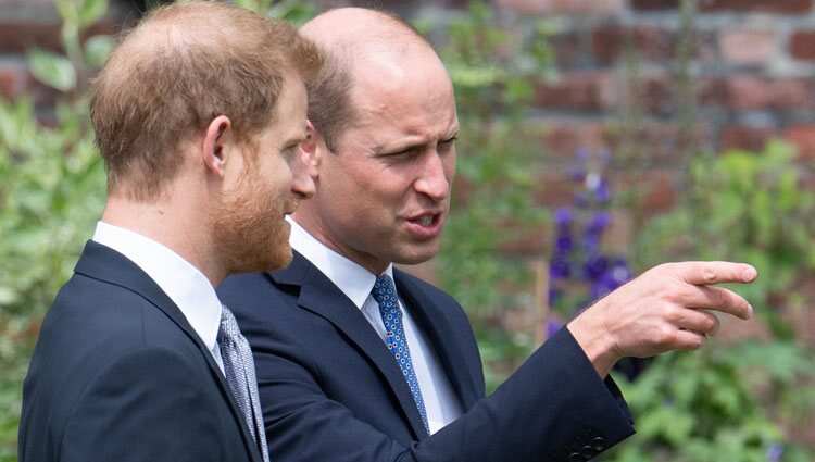 Los Príncipes Guillermo y Harry hablando en la inauguración de la estatua de Lady Di en Kensington Palace