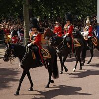 El Príncipe Carlos, el Príncipe Guillermo y la Princesa Ana desfilando en Trooping the Colour 2022 por el Jubileo de Platino