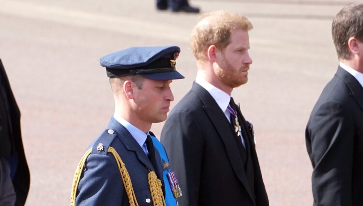 Príncipe Guillermo de Gales y Príncipe Harry acompañando al féretro de Isabel II