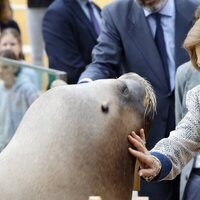 La Reina Sofía acaricia a un león marino en el Zoo de Madrid