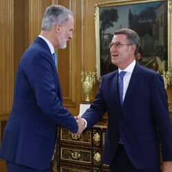 El Rey Felipe VI saluda a Feijóo en la ronda de consultas en la que le propuso como candidato