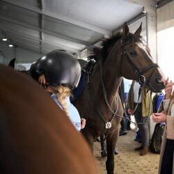 Amalia de Holanda acariciando a un caballo de la Escolta de Caballería