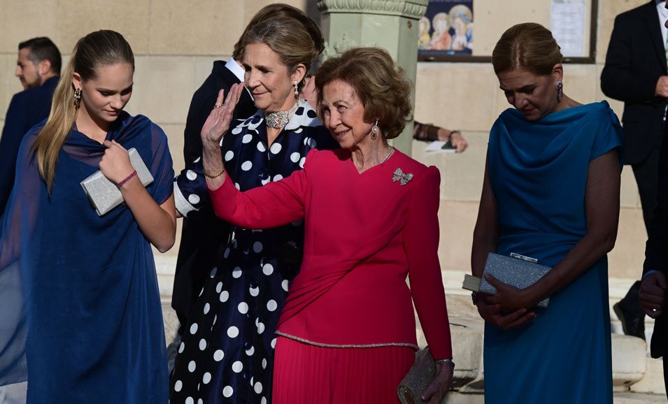 La Reina Sofía, la Infantas Elena y Cristina e Irene Urdangarin en la boda de Theodora de Grecia y Matthew Kumar