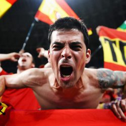 Un fan español anima a La Roja durante el España - Francia