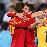 Ramos, LLorente, Casillas y Piqué celebran el pase de España a la final de la Eurocopa 2012
