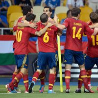 La Selección Española celebra el primer gol frente a Italia en la final de la Eurocopa