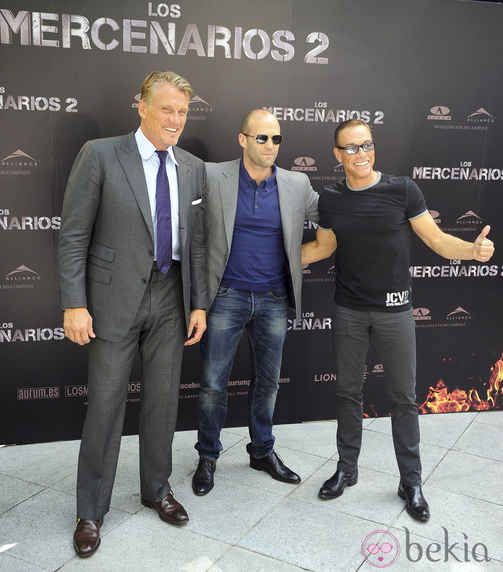 Jason Statham, Jean Claude Van Damme y Dolph Lundgren en la presentación de 'Los Mercenarios 2' en Madrid