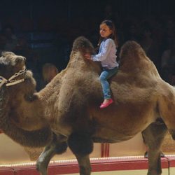 Isabel de Dinamarca montada en un camello en el circo