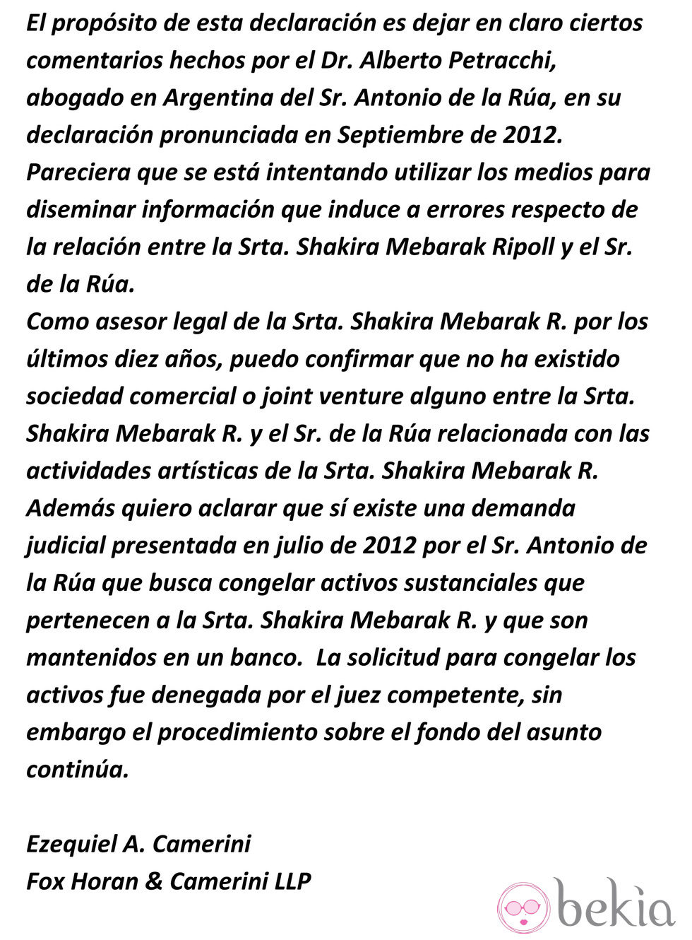 Comunicado del abogado de Shakira que contradice a Antonio de la Rúa