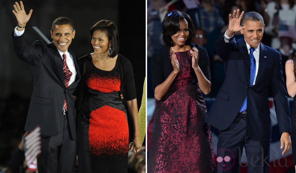 Barack Obama y Michelle en su victoria en 2008, y a la derecha, en 2012