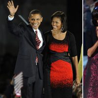 Barack Obama y Michelle en su victoria en 2008, y a la derecha, en 2012