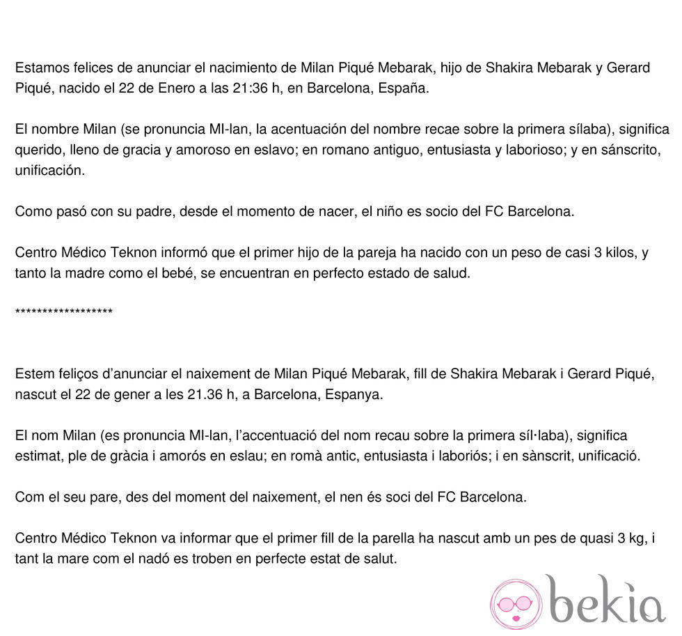 Comunicado del nacimiento del hijo de Gerard Piqué y Shakira