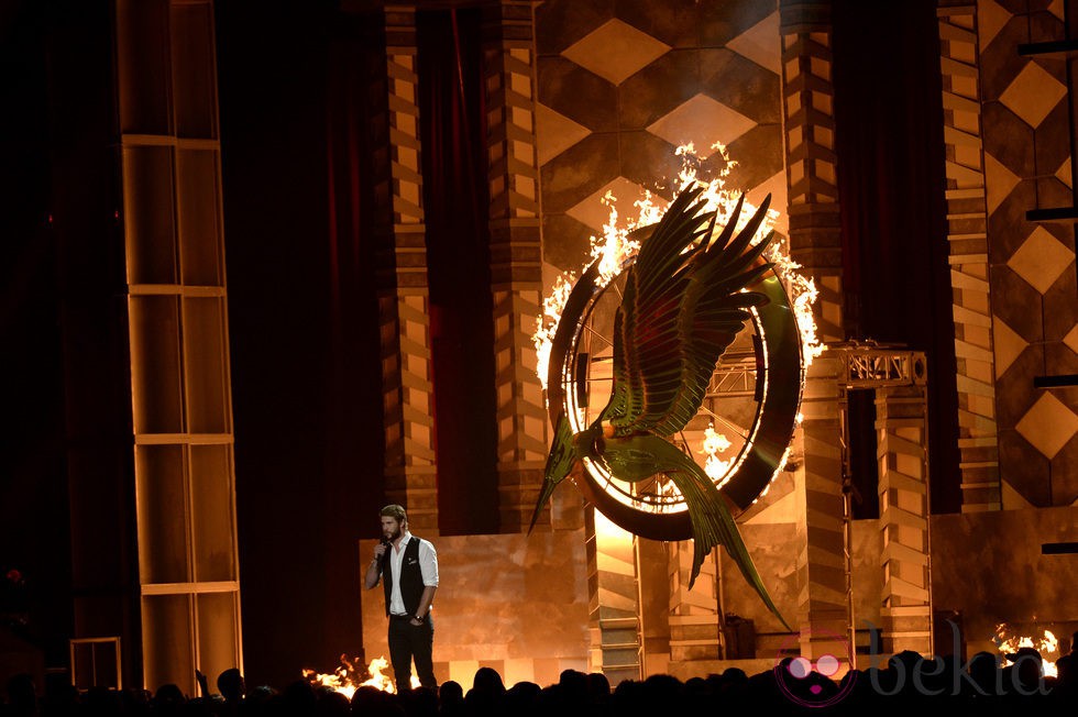 Liam Hemsworth junto al logo de 'En llamas' en los MTV Movie Awards 2013
