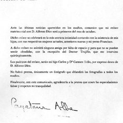 Comunicado de la Duquesa de Alba anunciando su boda con Alfonso Díez