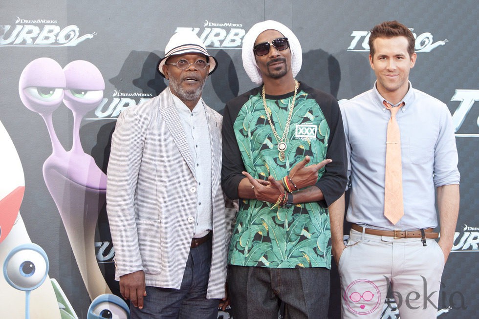 Samuel L. Jackson, Snoop Dogg y Ryan Reynolds en la presentación de 'Turbo' en Barcelona