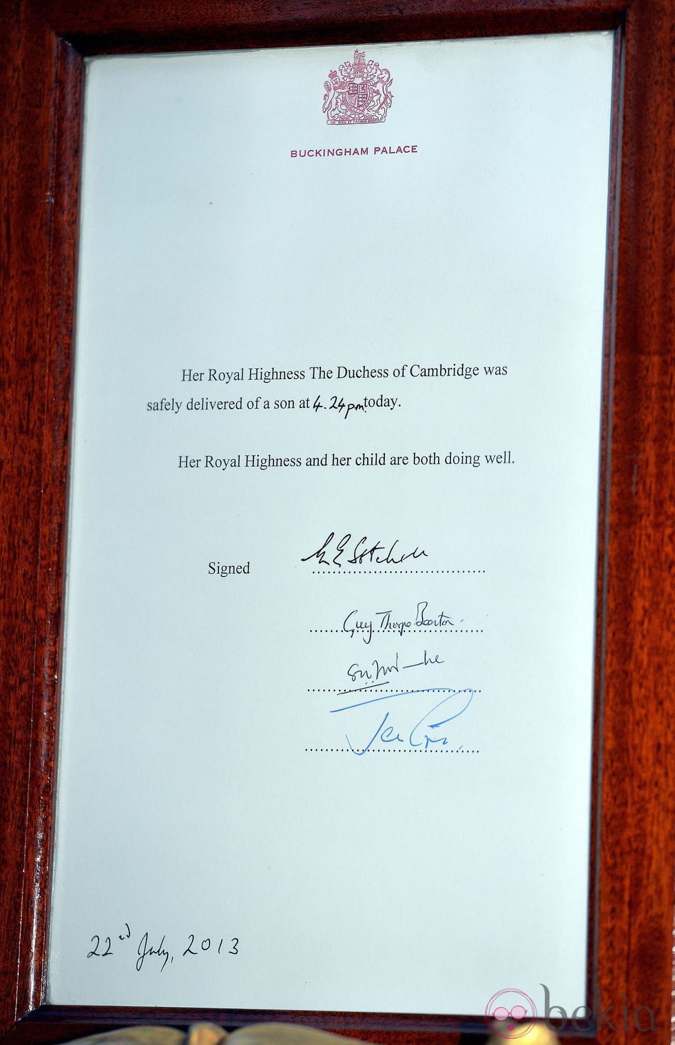 Documento oficial con el nacimiento del primer hijo de los Duques de Cambridge