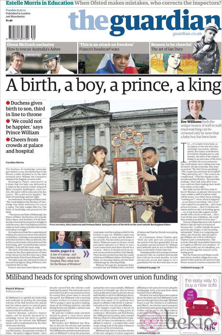 Portada de The Guardian con el nacimiento del hijo de los Duques de Cambridge