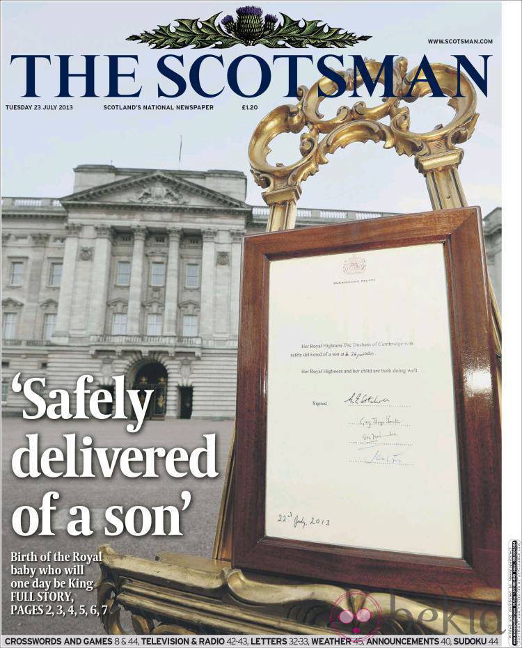 Portada de The Scotsman con el nacimiento del hijo de los Duques de Cambridge