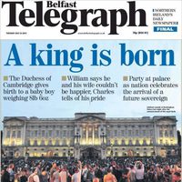 Portada de Belfast Telegraph con el nacimiento del hijo de los Duques de Cambridge