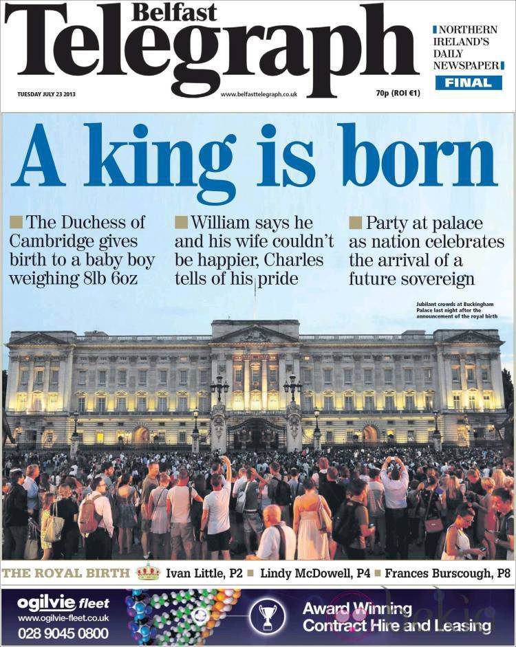 Portada de Belfast Telegraph con el nacimiento del hijo de los Duques de Cambridge