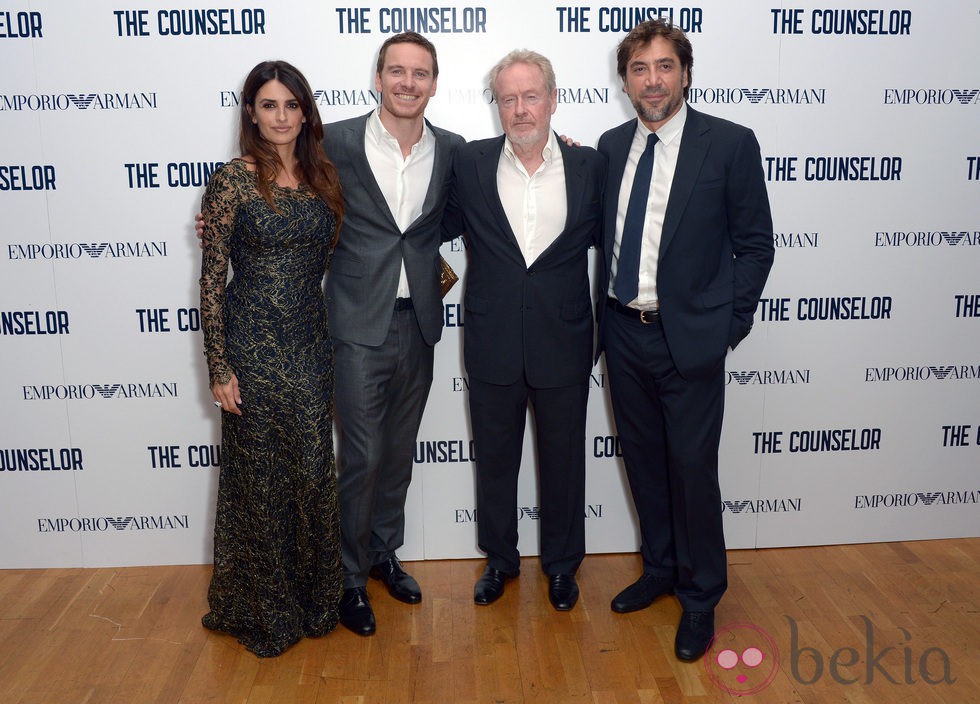 Penélope Cruz, Michael Fasbender, Ridley Scott y Javier Bardem tras el estreno de 'El Consejero' en Londres