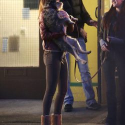 Dakota Johnson acaricia un perro en el rodaje de 'Cincuenta Sombras de Grey'