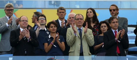 Alberto de Mónaco, Andrea Casiraghi y Tatiana Santo Domingo en el partido Alemania-Francia del Mundial de Brasil