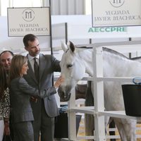 Los Reyes Felipe y Letizia acarician a un caballo en Zafra