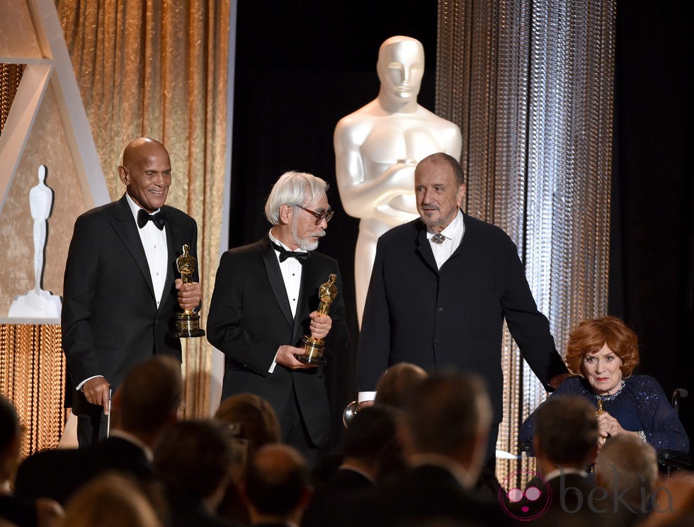 Maureen O'Hara, Jean-Claude Carrière, Hayao Miyazaki y Harry Belafonte en la gala 'Governors Awards' 2014
