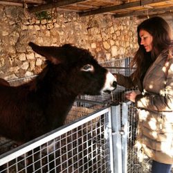 Malena Costa dando de comer a un burro en Mallorca