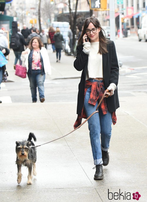 Dakota Johnson paseando a su perro por Nueva York