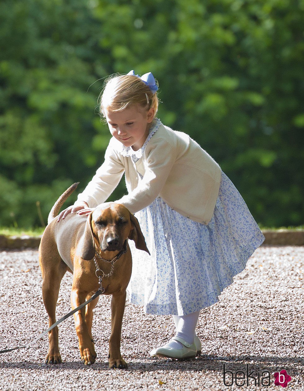 Estela de Suecia jugando con un perro en el 38 cumpleaños de Victoria de Suecia