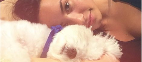 Demi Lovato junto a su perro Buddy tumbados