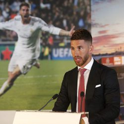 Sergio Ramos durante su acto de renovación con el Real Madrid hasta 2020