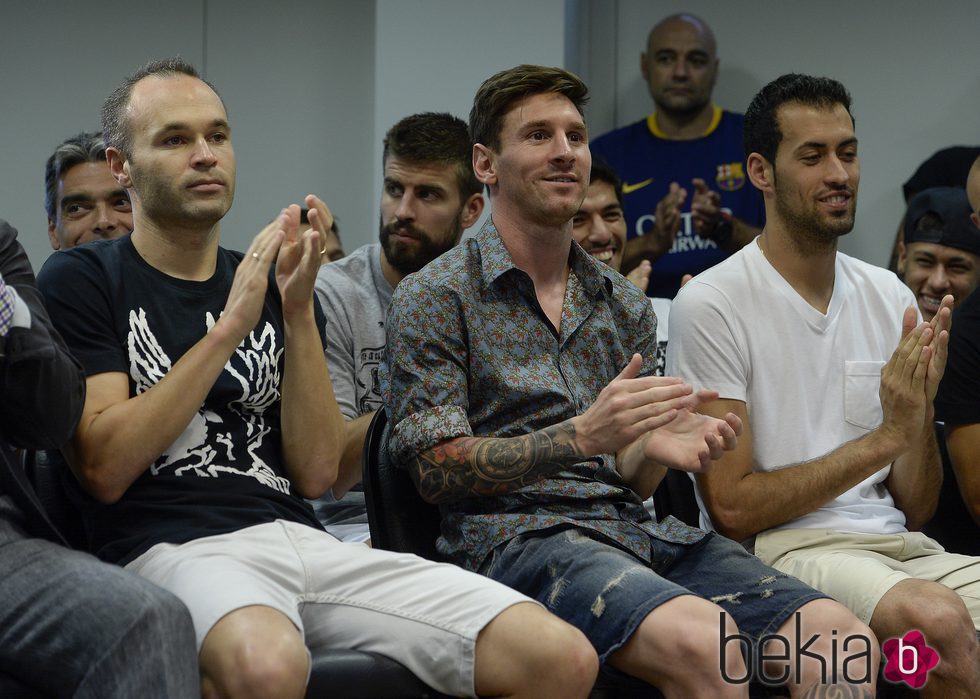 Andrés Iniesta, Leo Messi y Sergio Busquets en la despedida de Pedro Rodríguez del Barça