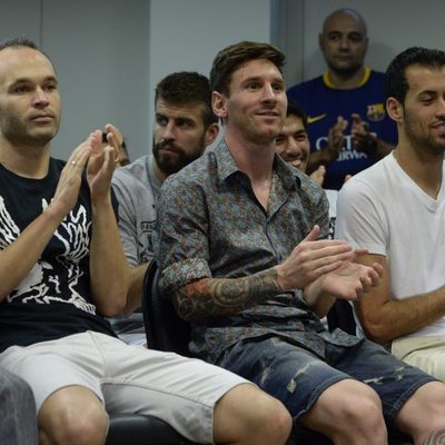 Andrés Iniesta, Leo Messi y Sergio Busquets en la despedida de Pedro Rodríguez del Barça