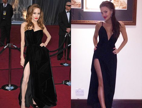 Chelsea Marr imitando la famosa pose de la pierna de Angelina Jolie