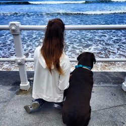 Lara Álvarez mira el Mar Cantábrico en Gijón con su perro Choco