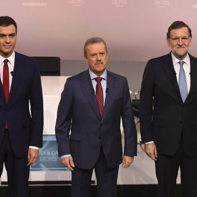 Pedro Sánchez y Mariano Rajoy con Manuel Campo Vidal antes de su cara a cara