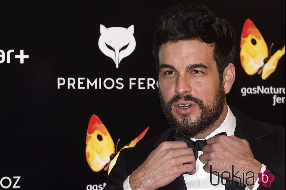 Mario Casas se arregla la pajarita en los Premios Feroz 2016