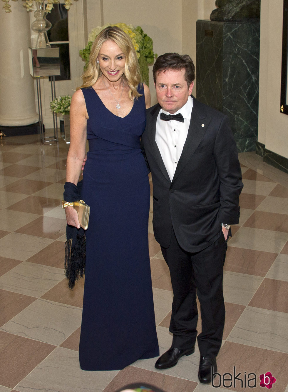 Michael J. Fox y Tracy Pollan en la cena de gala ofrecida en la Casa Blanca al Primer Ministro de Canadá