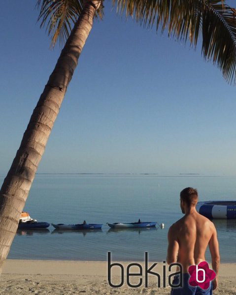 Calvin Harris posando en una playa paradisiaca
