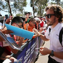 Fernando Alonso firmando autógrafos en Melbourne en los entrenamientos del GP de Australia 2016