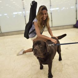 Lara Álvarez con su perro Choco a su vuelta a España tras 'Supervivientes 2016'