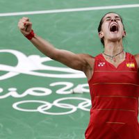 Carolina Marín celebrando su último punto en la final de badminton de Rio 2016
